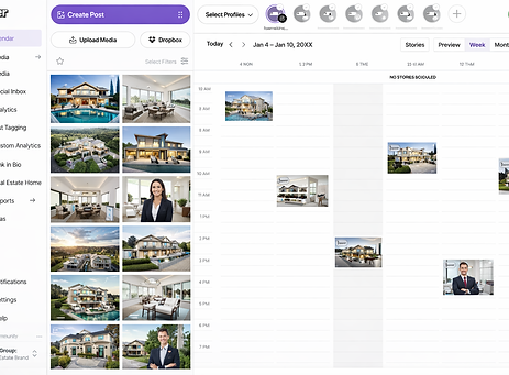 Real estate social media management dashboard with a weekly content calendar, luxury home images, and realtor branding posts