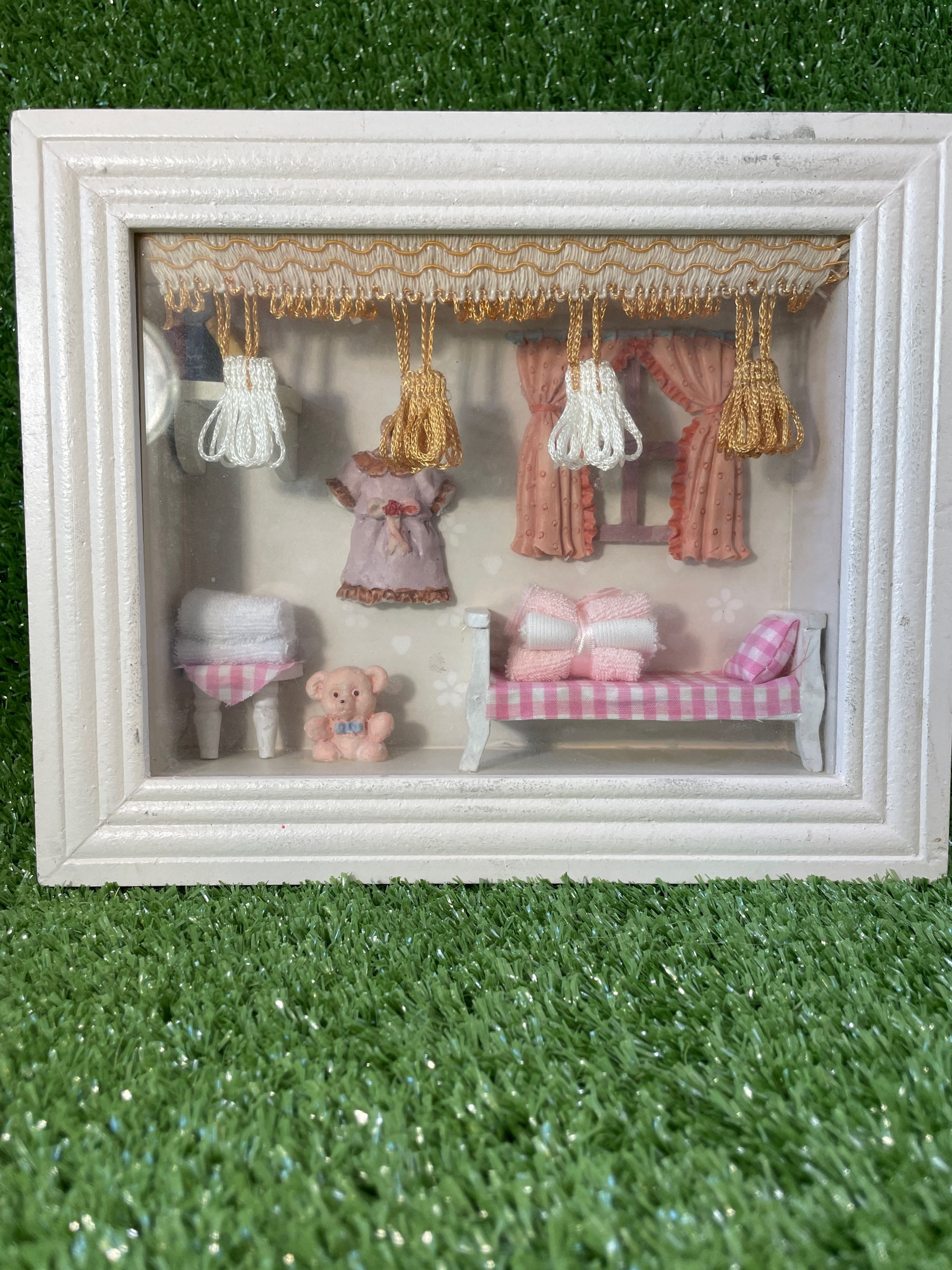 Bear room diorama with window. 7.5” x 9” x 2”