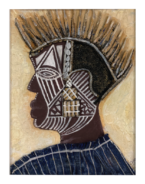 Art print profile of African warrior. with geometric face paint.