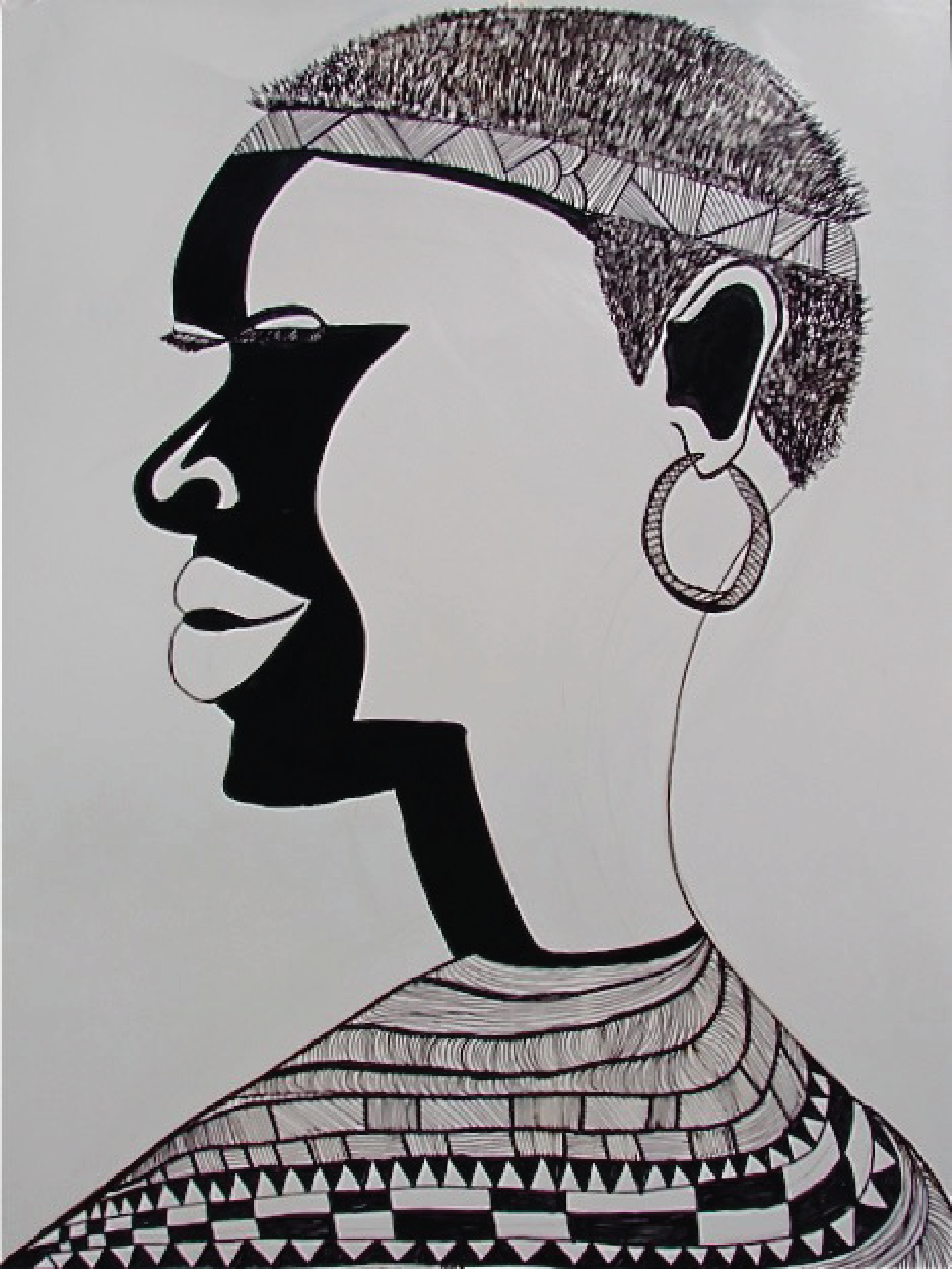Black and white portrait drawing of a woman wearing large hoops