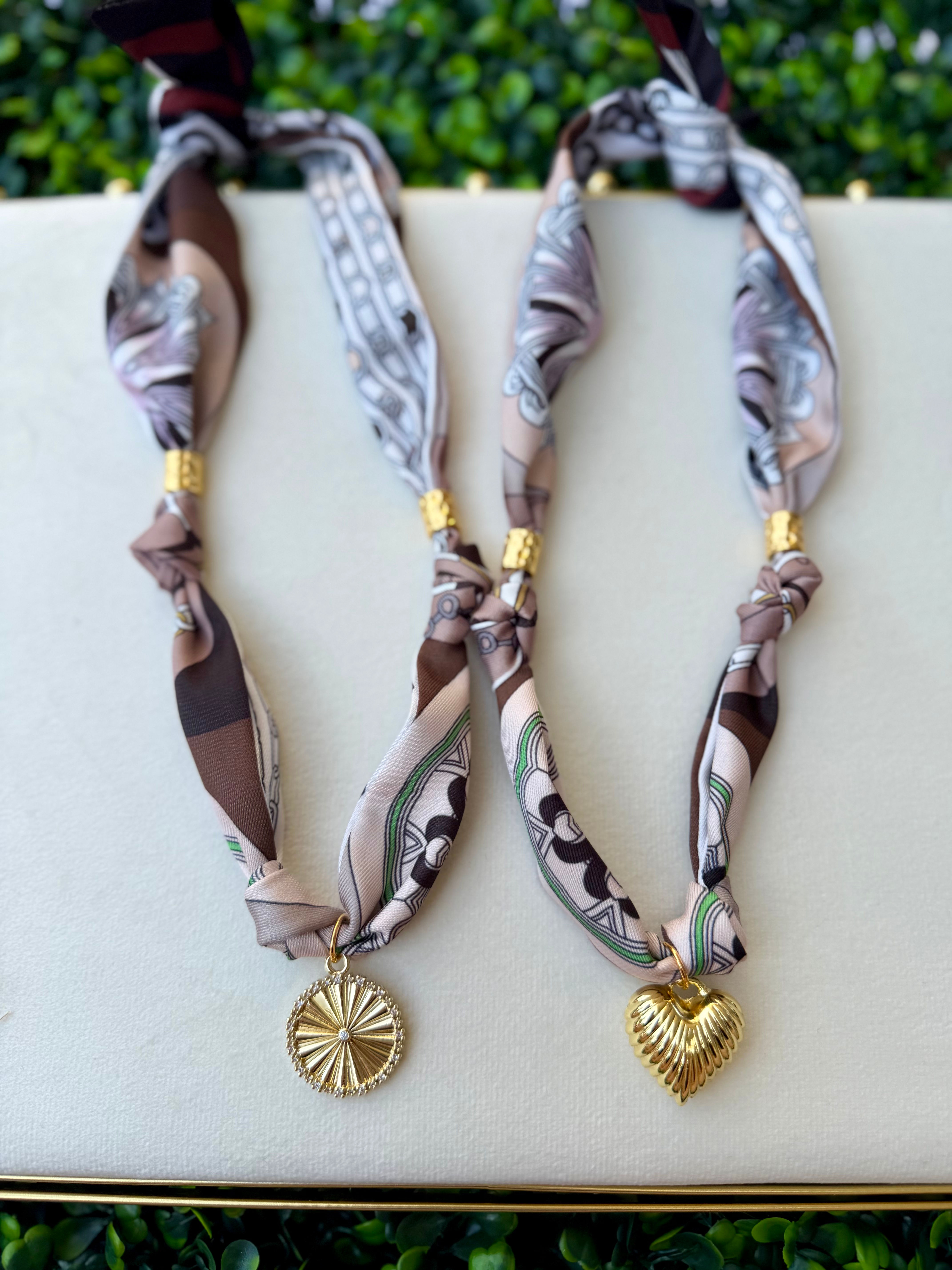 Brown Multi Geo Print Scarf Necklace