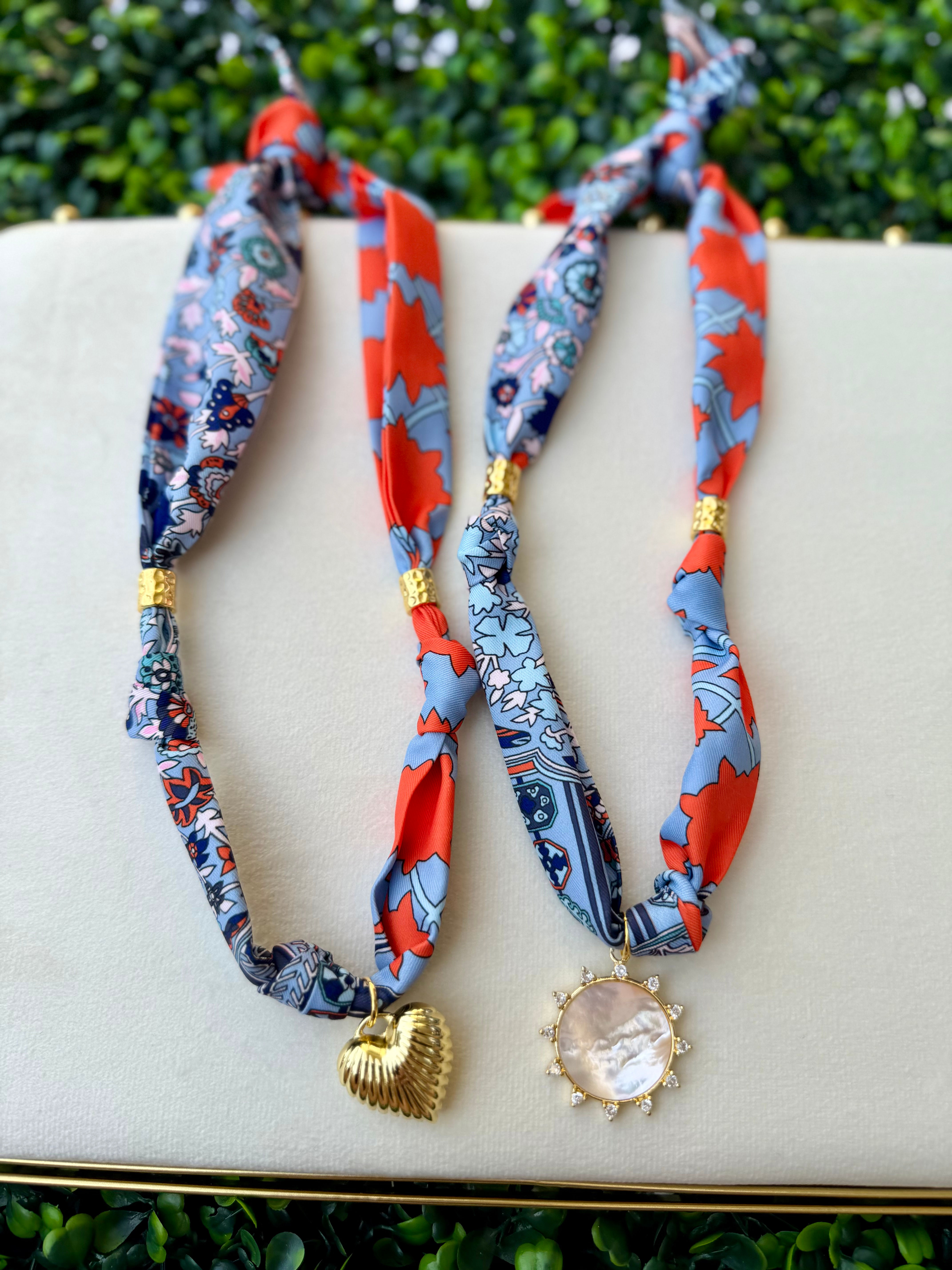 Orange and Blue Floral Scarf Necklace