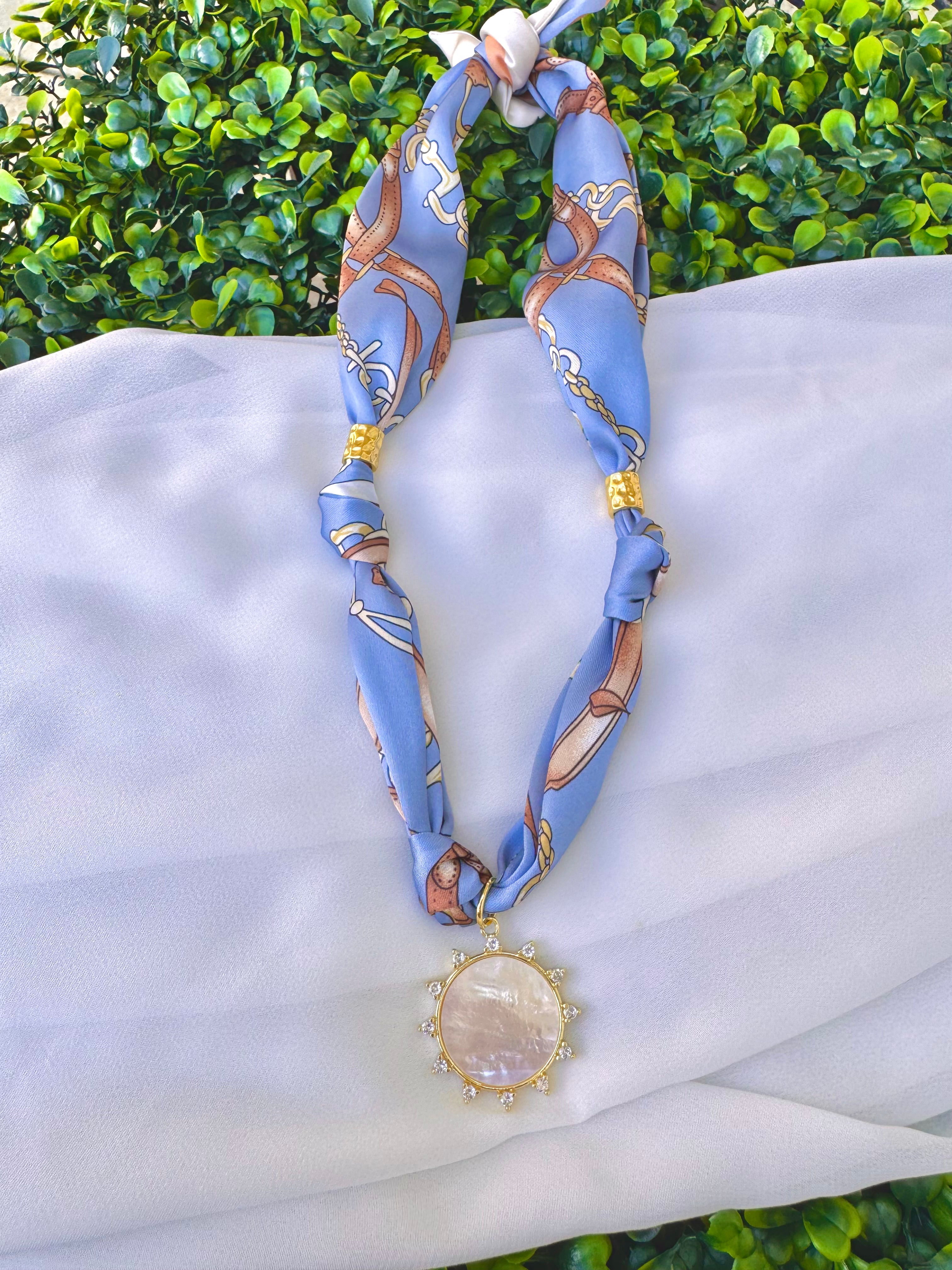 Light Blue/Brown Scarf Necklace with Pearl Medallion