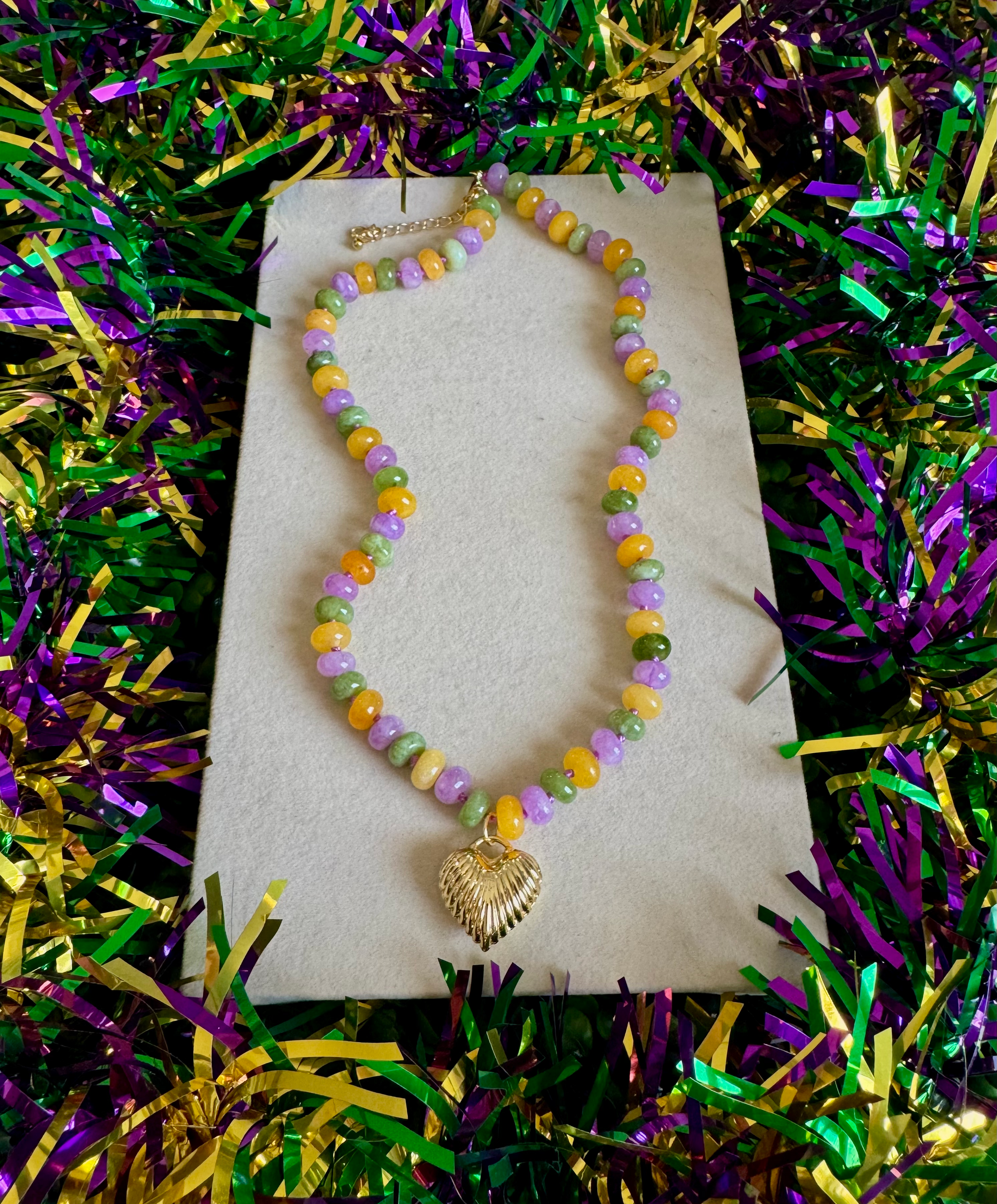 Mardi Gras Beaded Necklace with Heart Charm 