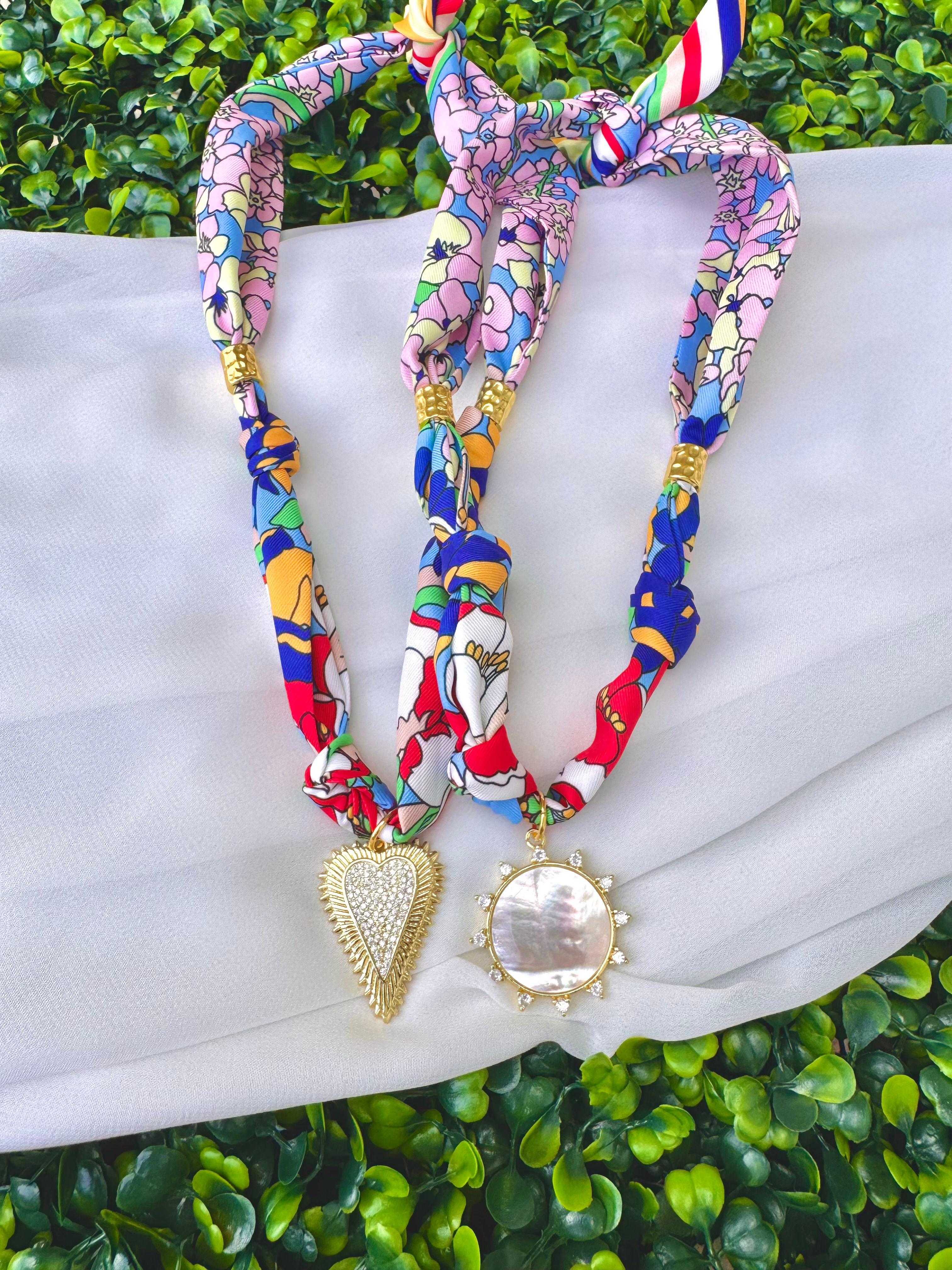 Red/Blue/White Floral Print Scarf Necklace