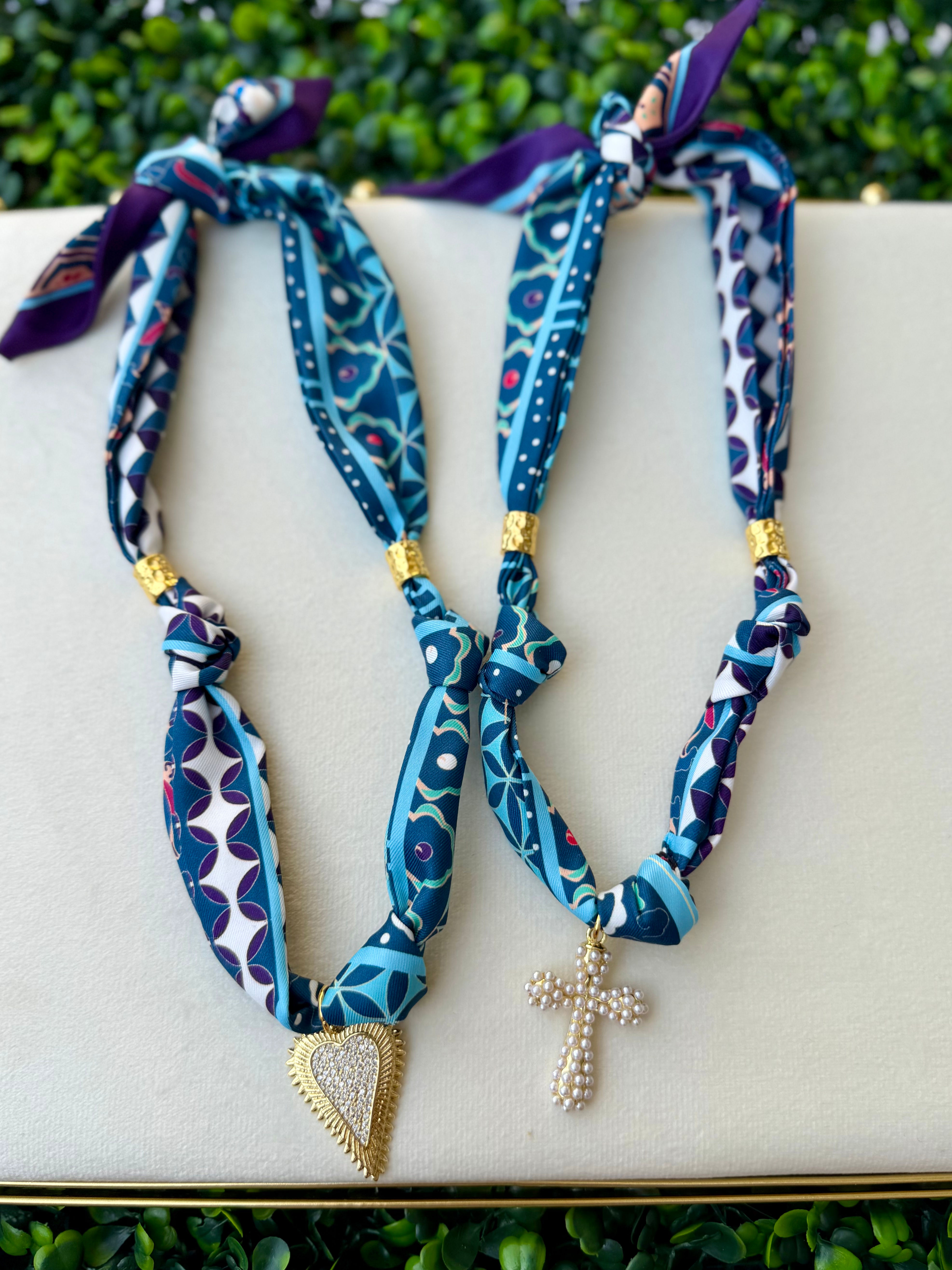 Blue/Teal Geo Print Scarf Necklace