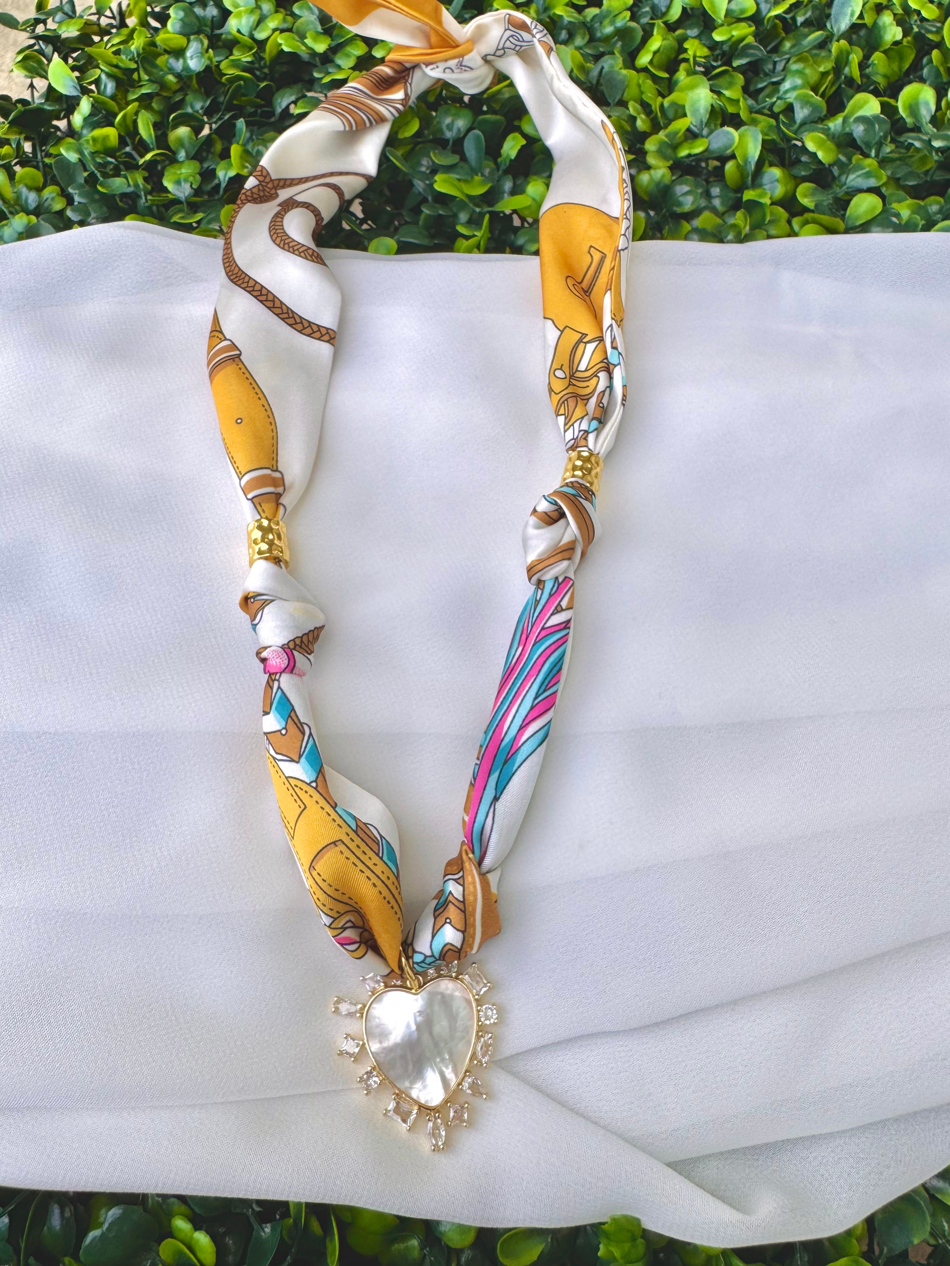 Golden Yellow Print Scarf Necklace with Pearl Heart