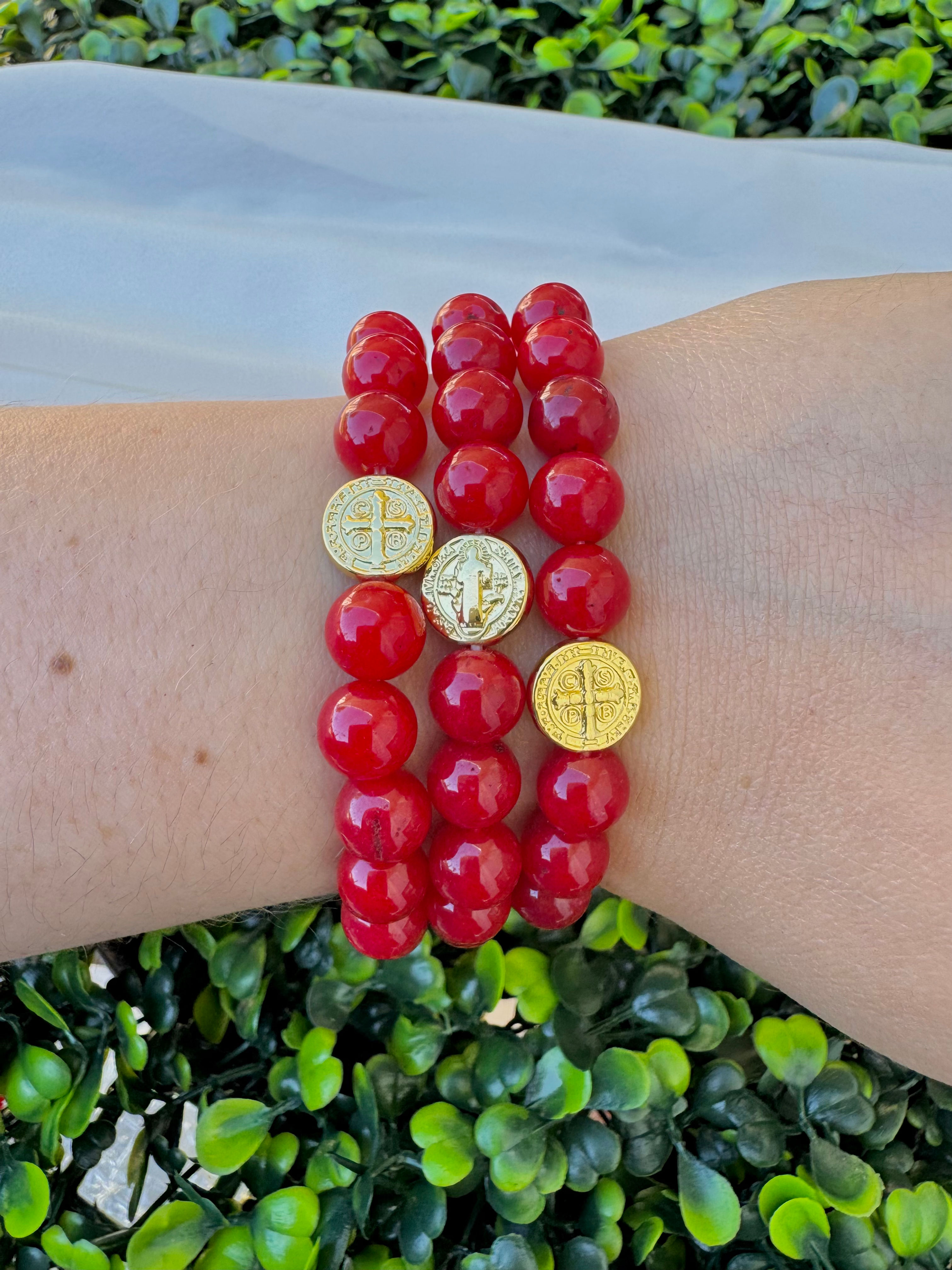 Red St. Benedict Beaded Stretchy Bracelet