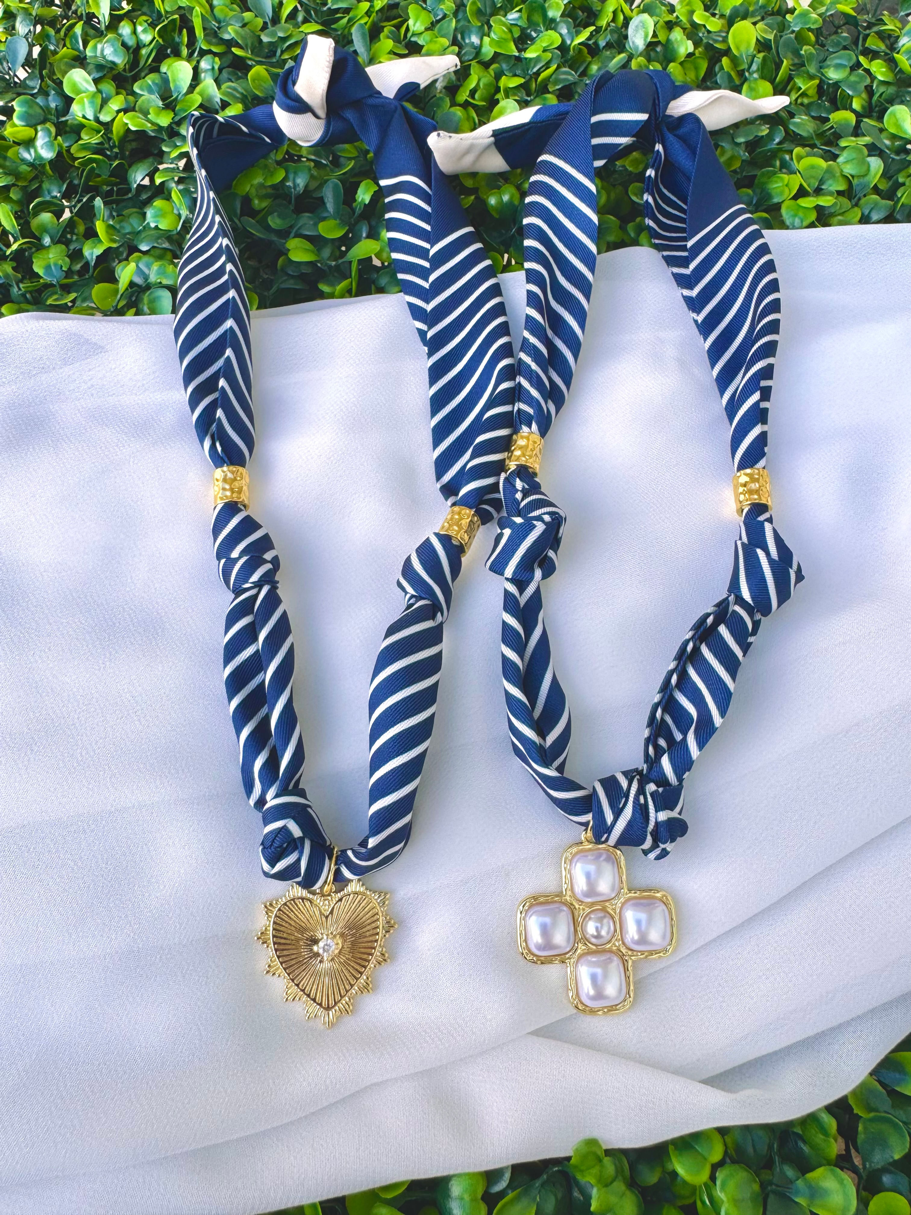 Navy/White Stripe Scarf Necklace
