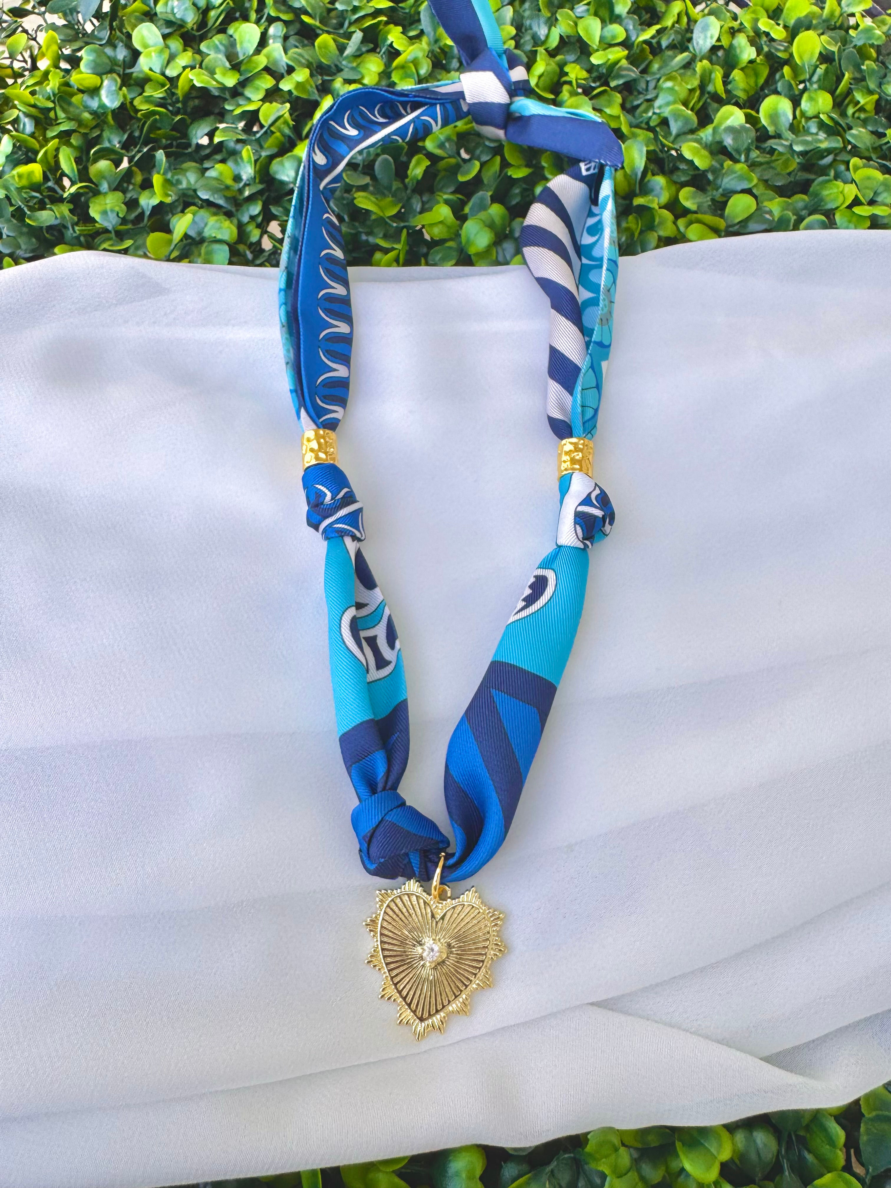 Blues Print Scarf Necklace with Golden Heart
