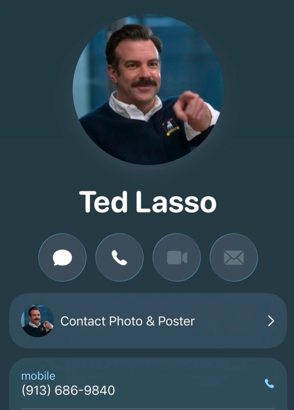 iPhone contact screen for Ted Lasso, showing his smiling profile photo, Edit button, and mobile number.