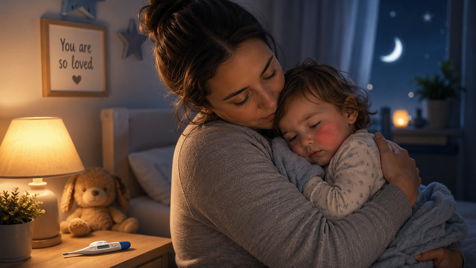 A parent comforting a flushed, feverish toddler at home at night