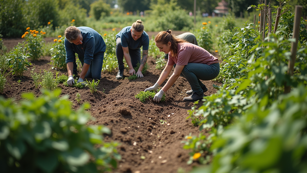 High angle view of a community garden with volunteers planting