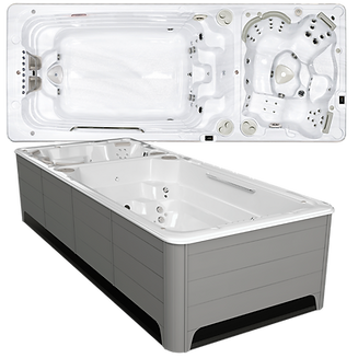 An at home hot tub with resistance swim spa combination.