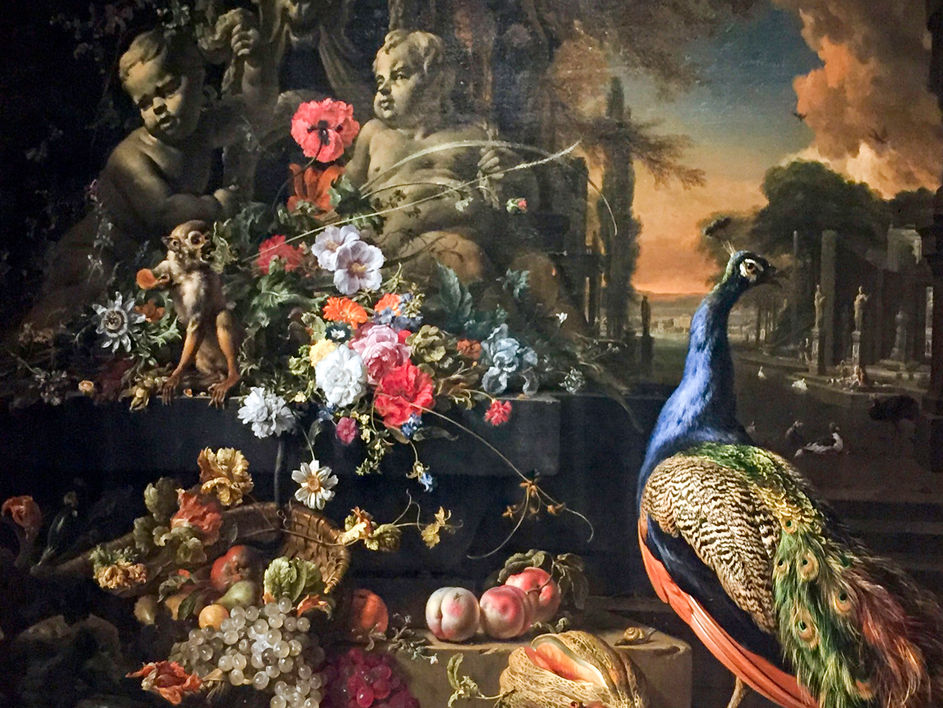 Jan Weenix | Fleurs sur une fontaine avec un paon