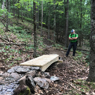 Ribbon Trails & Property trail builder, example of multi-use singletrack trail, bridge construction crossing a seasonal drainage in forest. Part of Slate Valley Trails VMBA Chapter project in Wells, Vermont.
