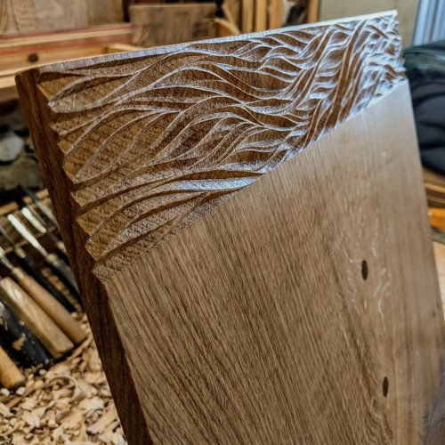 wood carving, carved grass and grain pattern design book stand in oak timber, hand-made by Lynn Hodgson