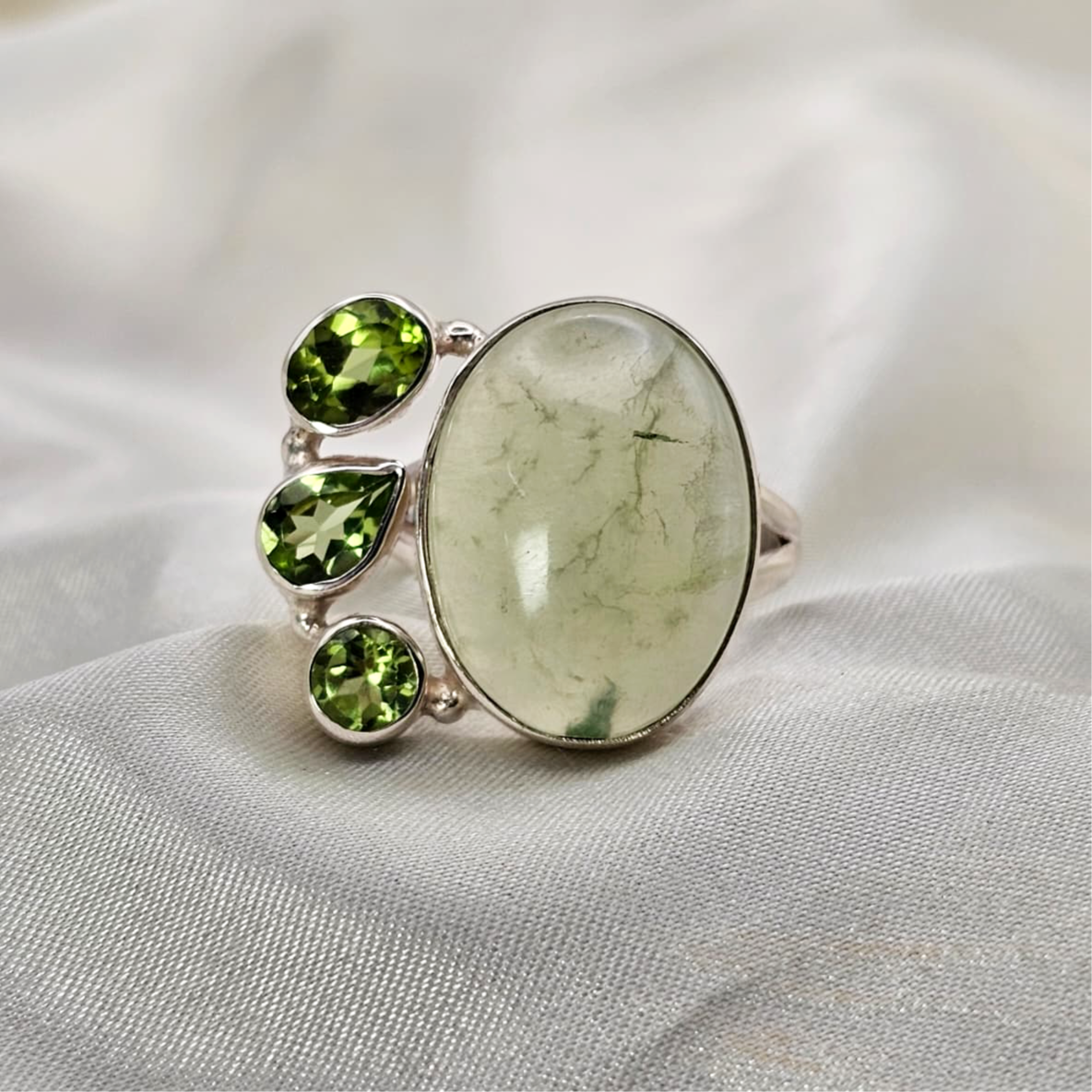 Prehnite & Three Stone Peridot Ring