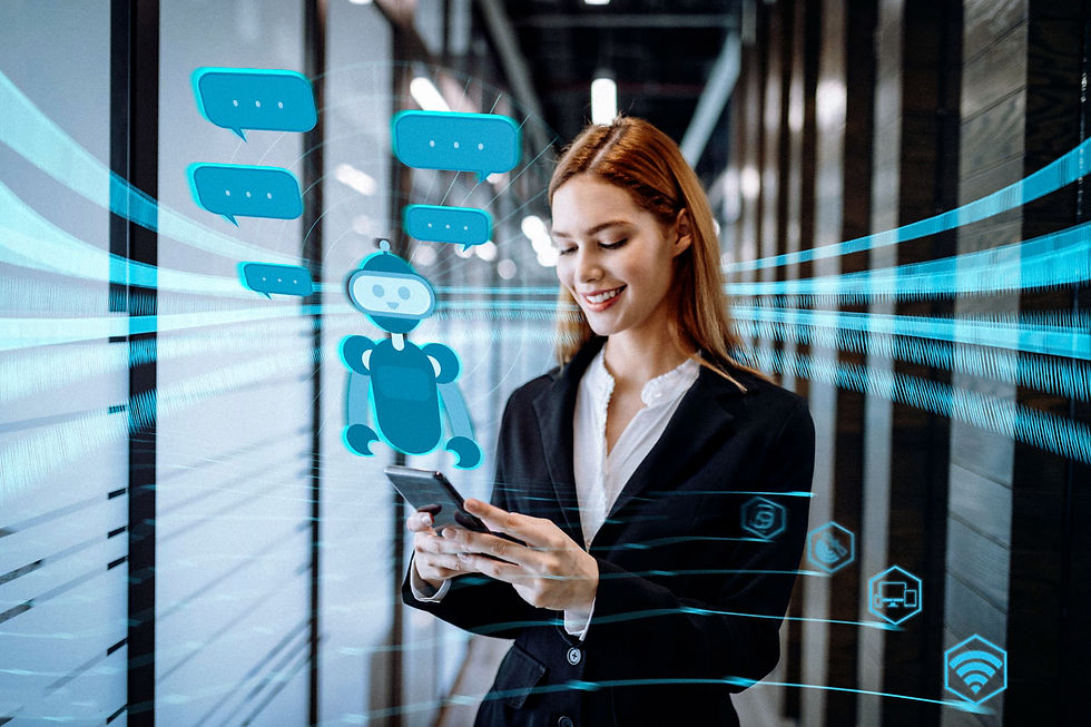 Woman in a suit using a phone with virtual chatbot hologram. Blue speech bubbles. Office corridor setting, futuristic tech vibe.
