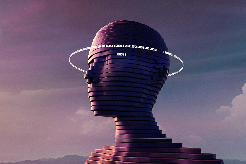 Futuristic purple head sculpture with layered design, binary code orbiting as a halo, and a cloudy sky background. Mysterious and serene atmosphere.