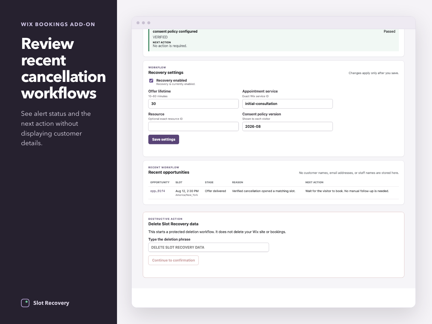 Slot Recovery settings interface — app on the Wix App Market