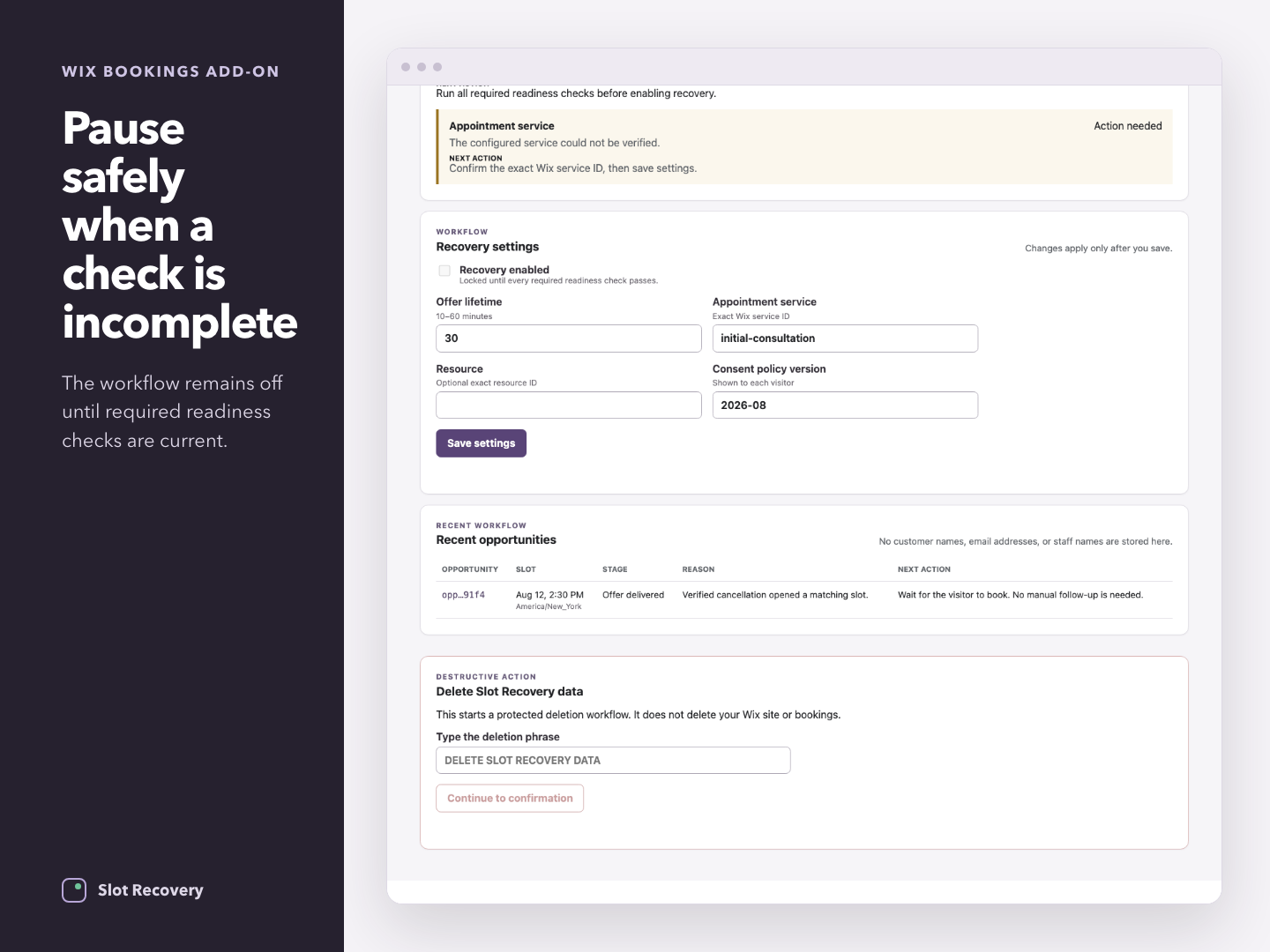 Slot Recovery integration setup — app on the Wix App Market