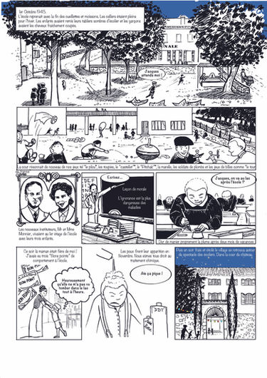 Planche 6 : l'école en 1945
Planche 5 : les vendanges en 1945
Planche 4 : la libération en 1945
Planche 3 : la cueillette des fleurs en 1945
Dessins et textes Céline Guitry