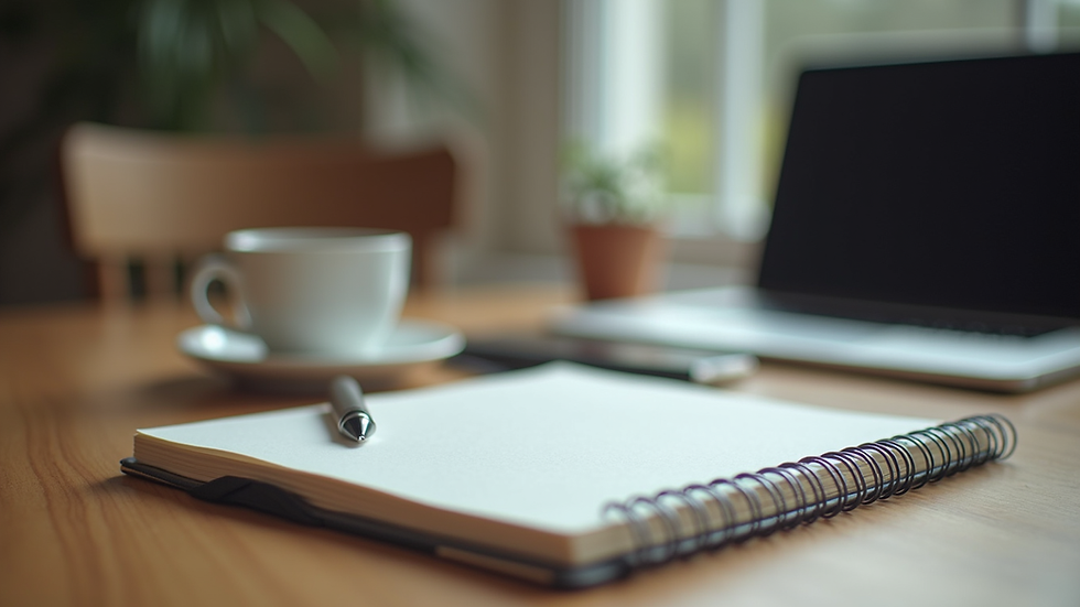 Eye-level view of a workspace with a notebook and a cup of coffee