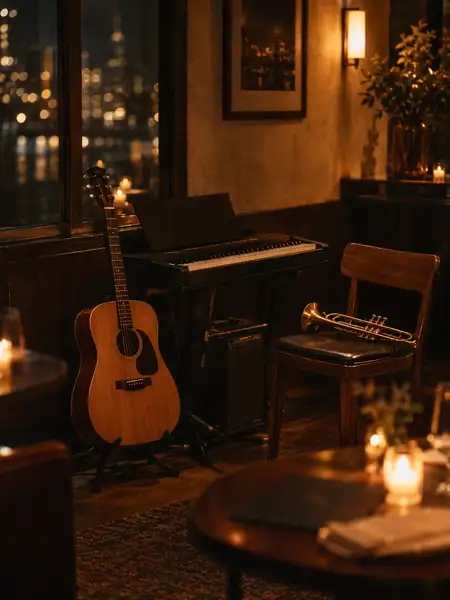 Acoustic guitar, keys and a trumpet set up in a candlelit restaurant