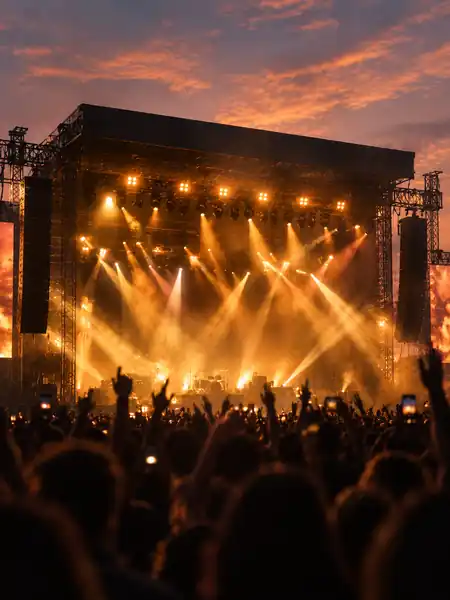 Festival crowd facing a big lit stage at dusk