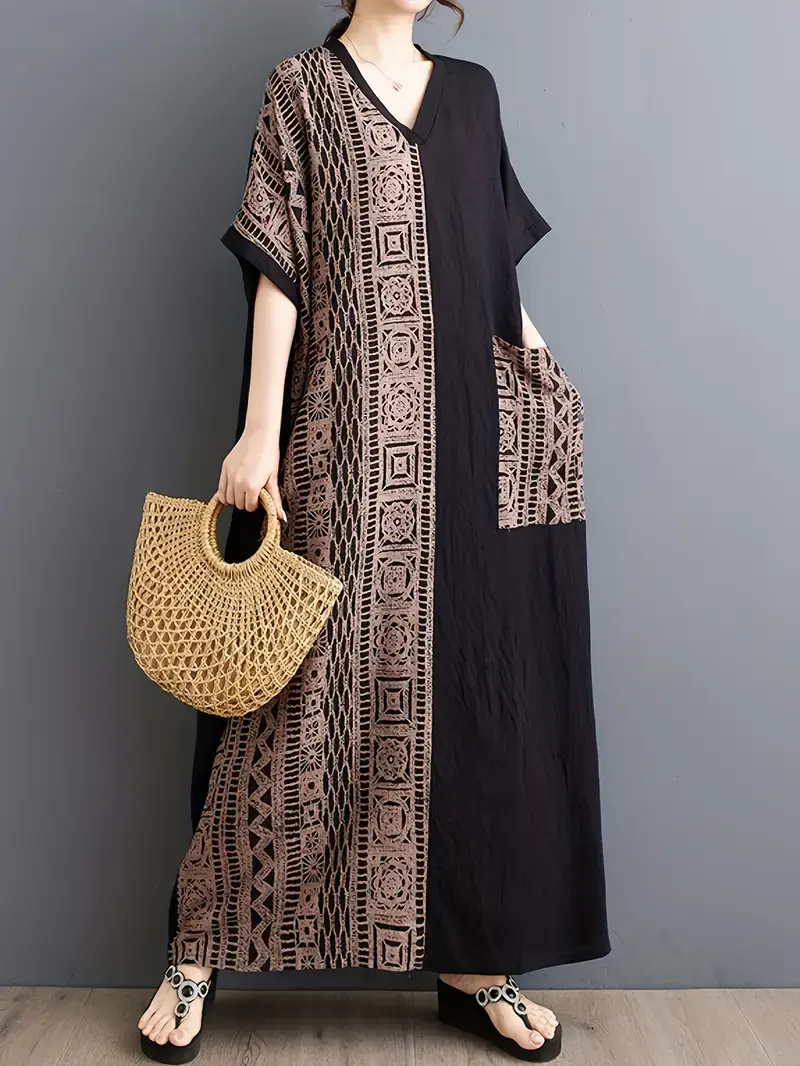 Thumbnail: Boho Chic Plus Size Women's Sleep Dress with Pockets - Breathable Cotton Linen B