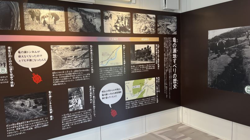 亀の瀬の歴史や過去の被害についてのパネル展示
