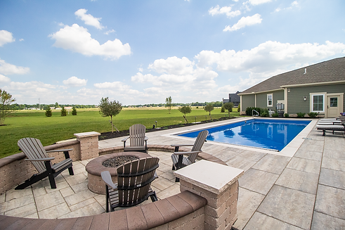 Dublin patio with fire pit and swimming pool