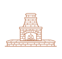 Line art icon of a brick outdoor fireplace with a fire.