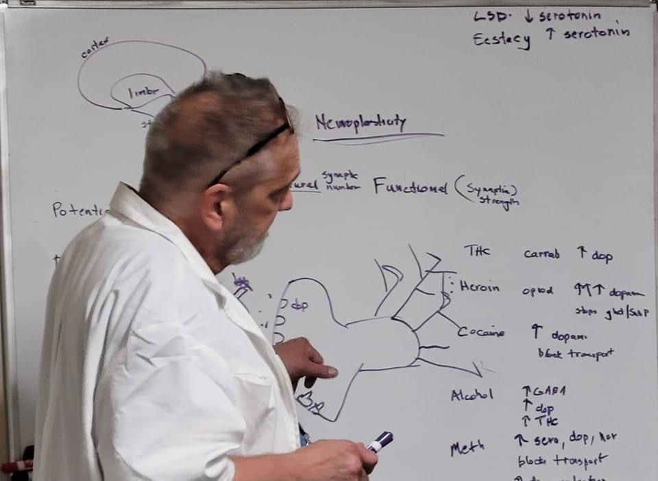 Dr. Evan Massey discusses the impact of narcotics on brain function, highlighting mechanisms on a whiteboard. Addiction Recovery Louisville, KY 