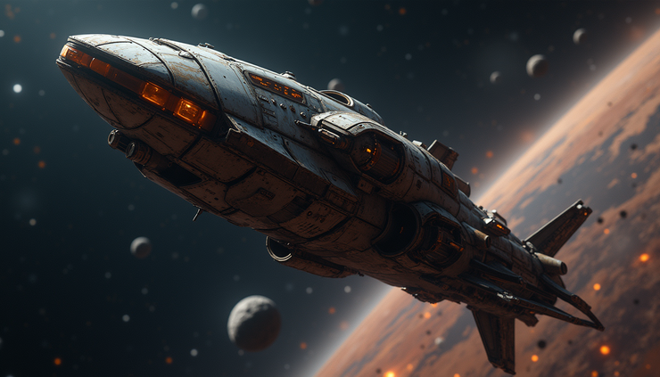 Close-up view of a spaceship mining asteroid ore in EVE Online