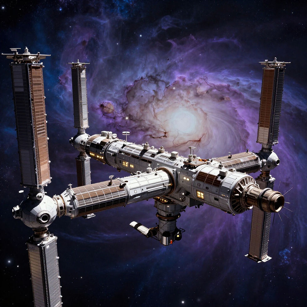 Space station orbiting in front of a galaxy background, in space.