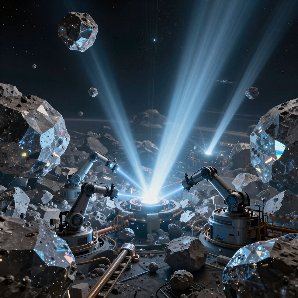Robotic arms in a diamond field, beaming light from the center.