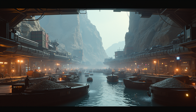 High angle view of a space station market hub with ore containers and trade ships docked