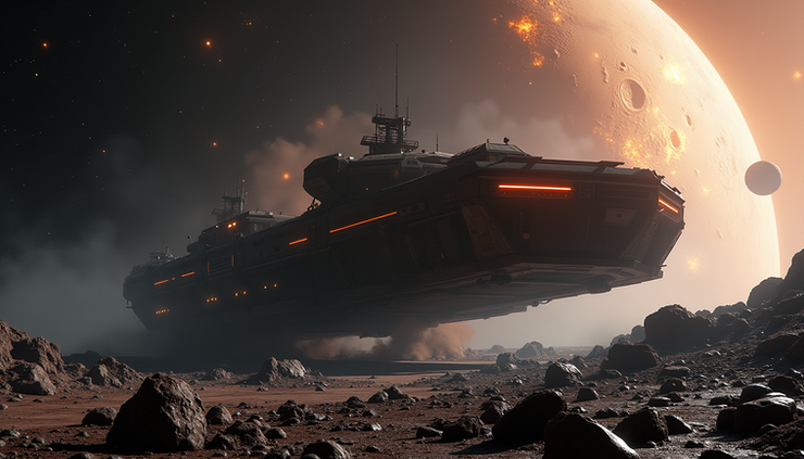 Eye-level view of a mining barge ship extracting ore from an asteroid in EVE Online