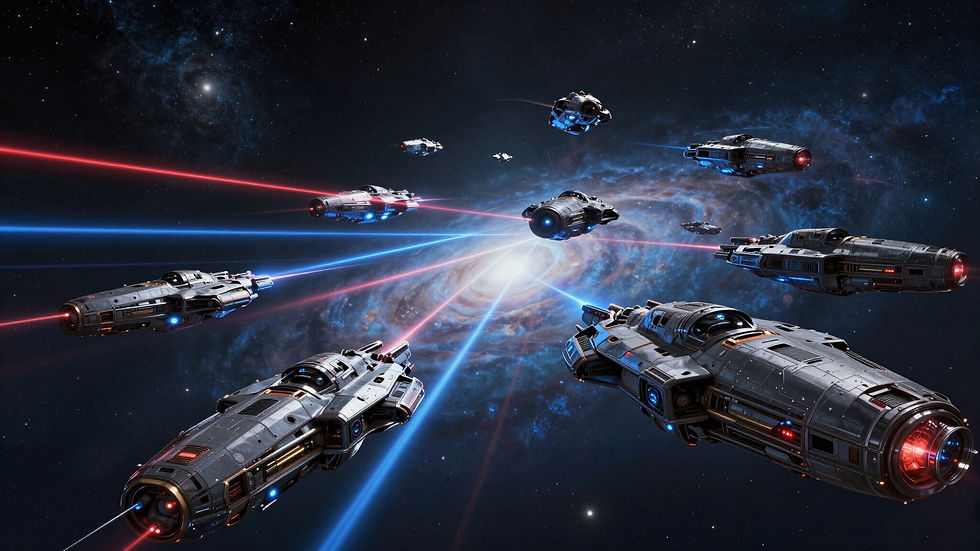 Space battle between futuristic spaceships firing lasers during interstellar combat.