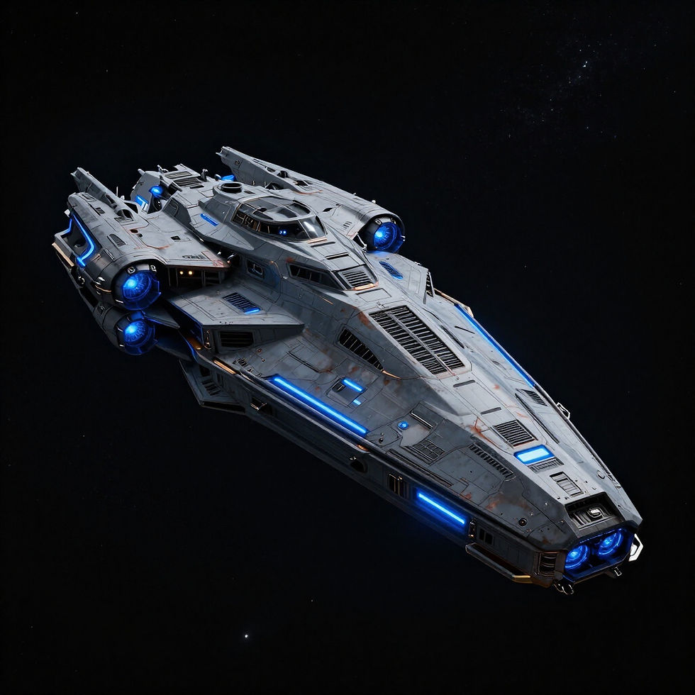 Futuristic spaceship flying through space with illuminated blue lights and detailed design