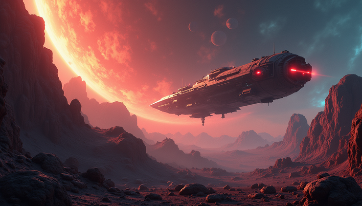 Eye-level view of a mining ship extracting ore from an asteroid field in space