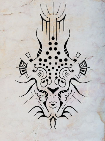 Symbolisches Tattoo-Design, ornamentales abstraktes Zeichen mit punktierten Details – Tattoo-Flash von Anna Wilhelm, Berlin