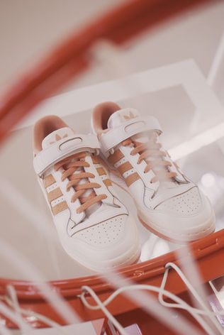 Close-up of adidas Forum sneaker showing sole and material details during Spring 2021 campaign.