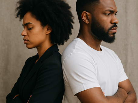 A Black man and woman standing back-to-back against a concrete wall. Both appear emotionally distant, reflecting tension and disconnection in modern relationships.