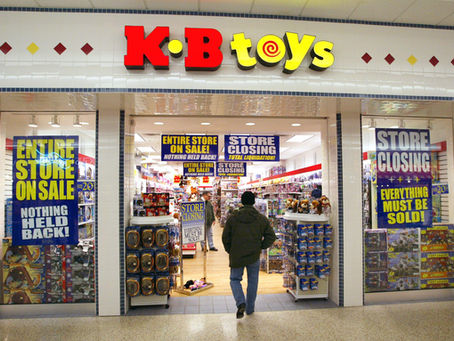 Shopper walking past a 90s-style mall store with large “Store Closing” signs, capturing the end of an era