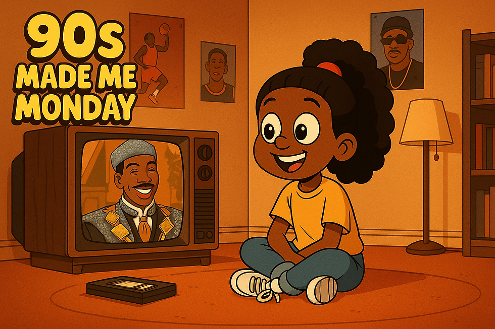 Cartoon-style illustration of a young Black girl with curly hair sitting cross-legged on the floor in a 90s living room, smiling at a vintage TV playing Coming to America. The scene includes a VHS tape on the floor, retro posters on the wall, and the bold header “90s Made Me Monday.”