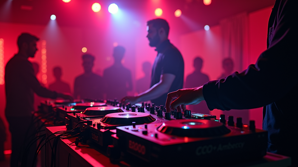 Plano medio de equipo de DJ con luces LED en evento nocturno