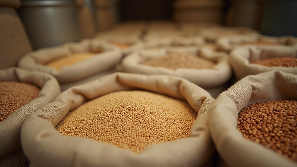 Eye-level view of heritage grains in burlap sacks at a farm storage